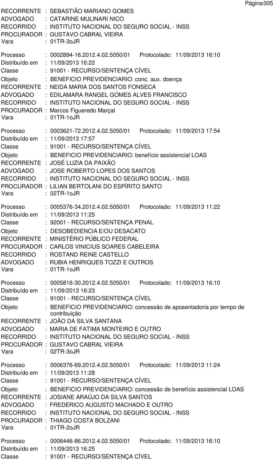 5050/01 Protocolado: 11/09/2013 17:54 Distribuído em : 11/09/2013 17:57 : benefício assistencial LOAS RECORRENTE : JOSÉ LUZIA DA PAIXÃO ADVOGADO : JOSE ROBERTO LOPES DOS SANTOS PROCURADOR : LILIAN