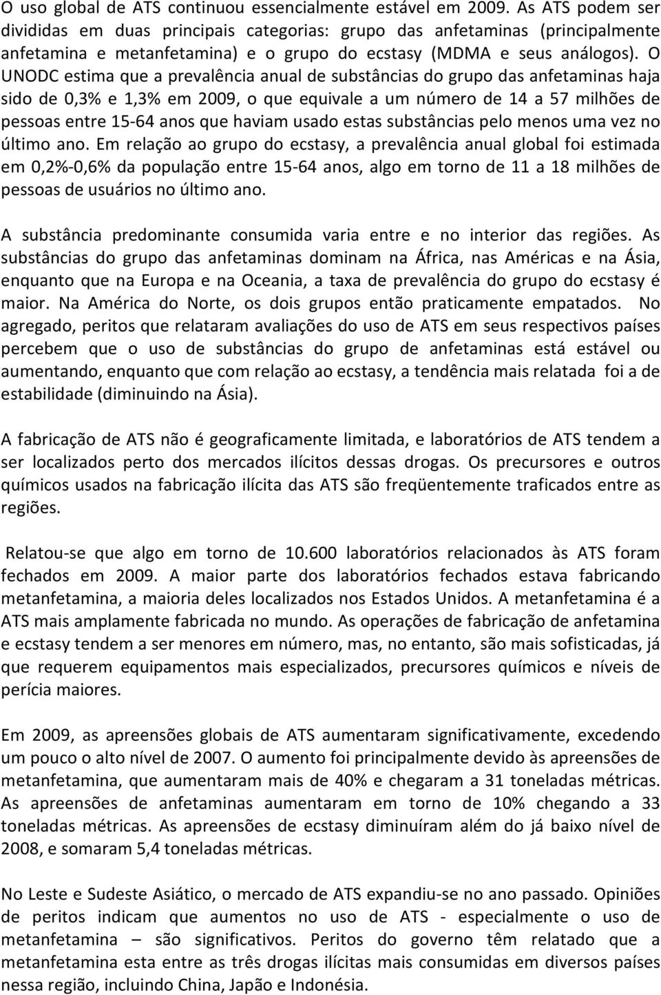 O UNODC estima que a prevalência anual de substâncias do grupo das anfetaminas haja sido de 0,3% e 1,3% em 2009, o que equivale a um número de 14 a 57 milhões de pessoas entre 15-64 anos que haviam