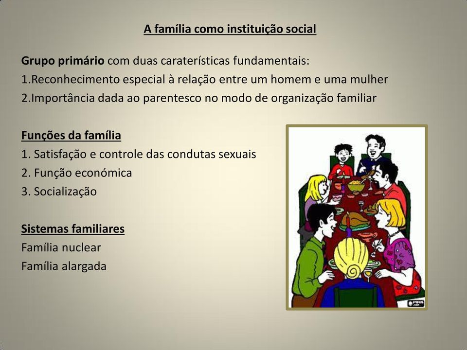 Importância dada ao parentesco no modo de organização familiar Funções da família 1.