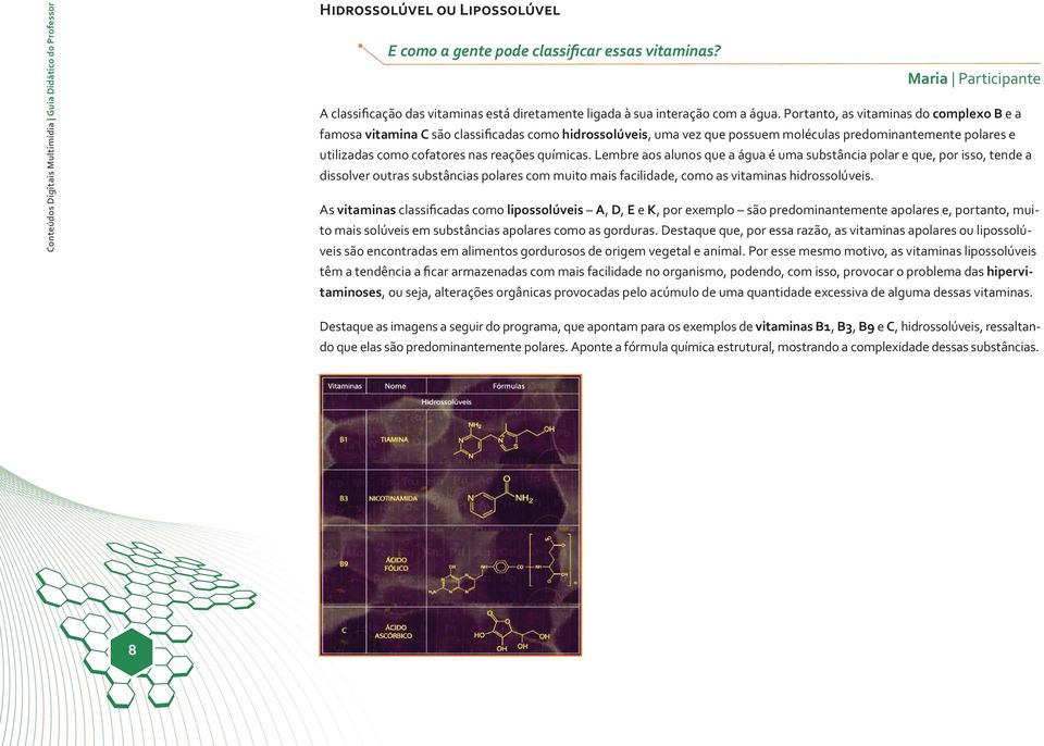 Portanto, as vitaminas do complexo B e a famosa vitamina C são classificadas como hidrossolúveis, uma vez que possuem moléculas predominantemente polares e utilizadas como cofatores nas reações