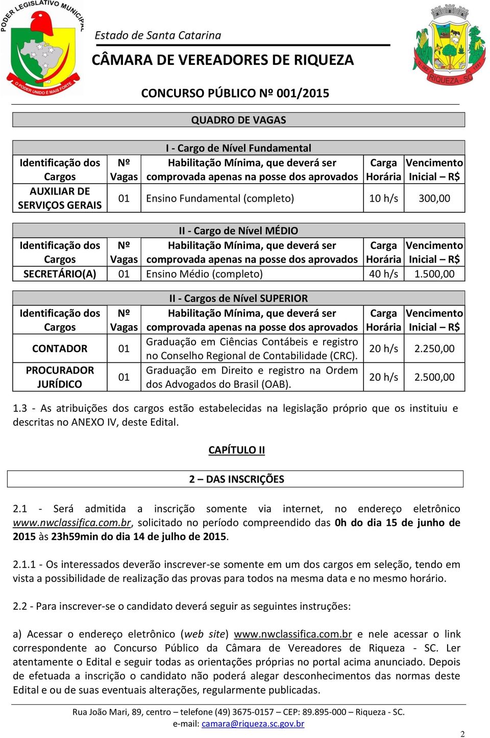 apenas na posse dos aprovados Horária Inicial R$ SECRETÁRIO(A) 01 Ensino Médio (completo) 40 h/s 1.