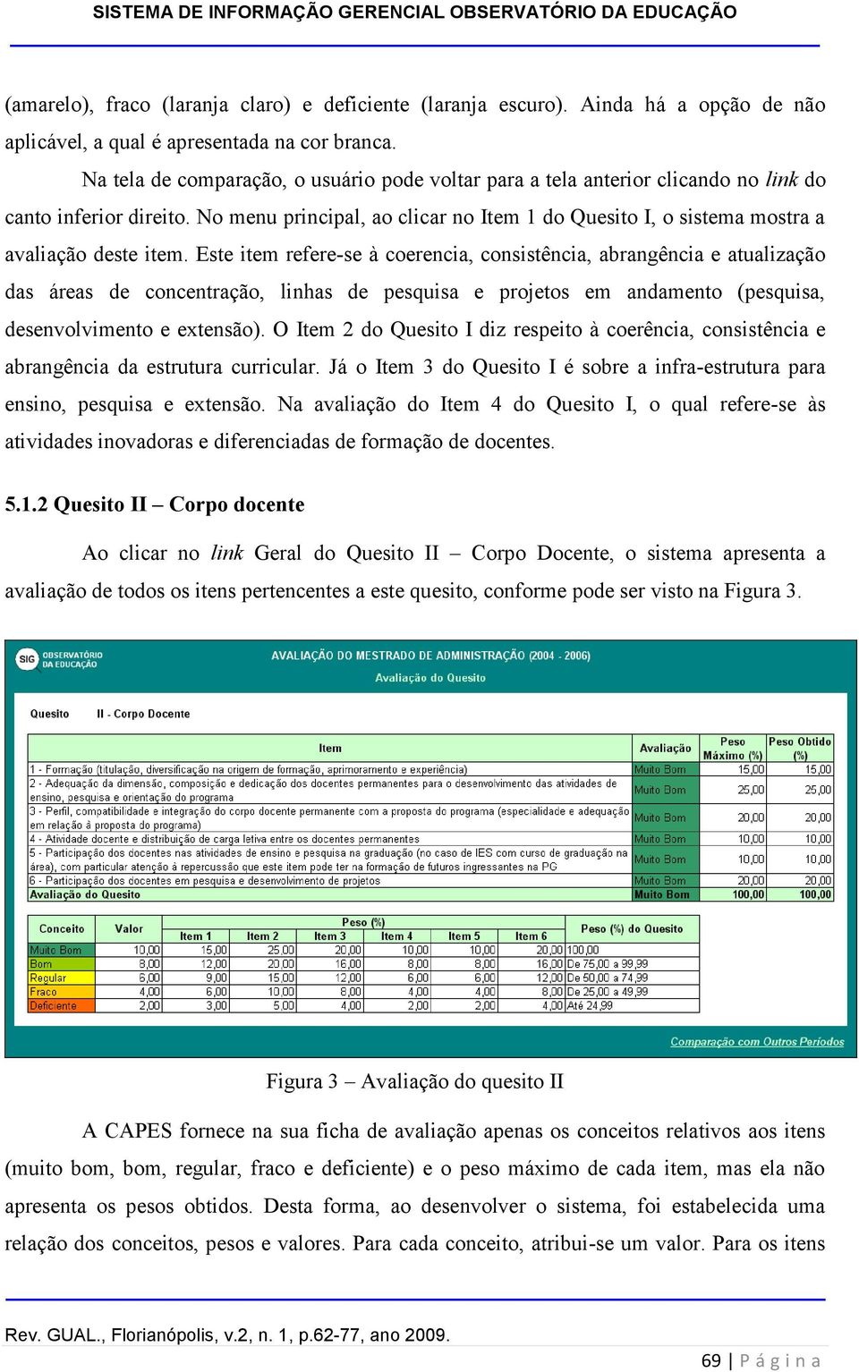 No menu principal, ao clicar no Item 1 do Quesito I, o sistema mostra a avaliação deste item.