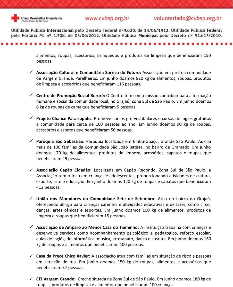 Em junho doamos 920 kg de alimentos, roupas, produtos de limpeza e acessórios que beneficiaram 116 pessoas.