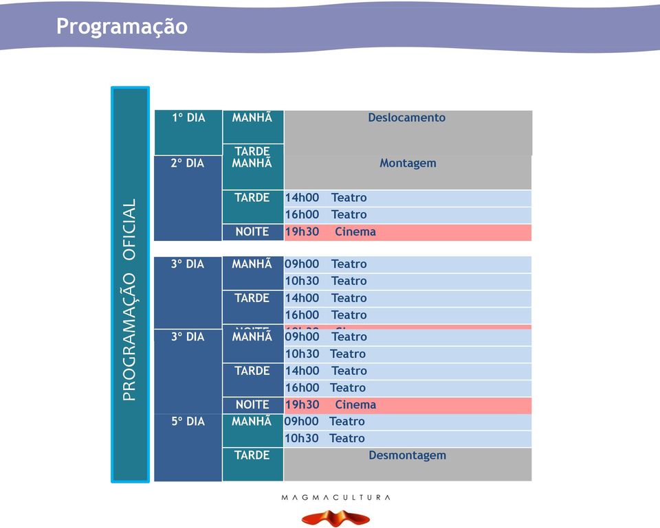 14h00 Teatro 16h00 Teatro 3º DIA MANHÃ NOITE 19h30 09h00 Teatro Cinema 10h30 Teatro TARDE