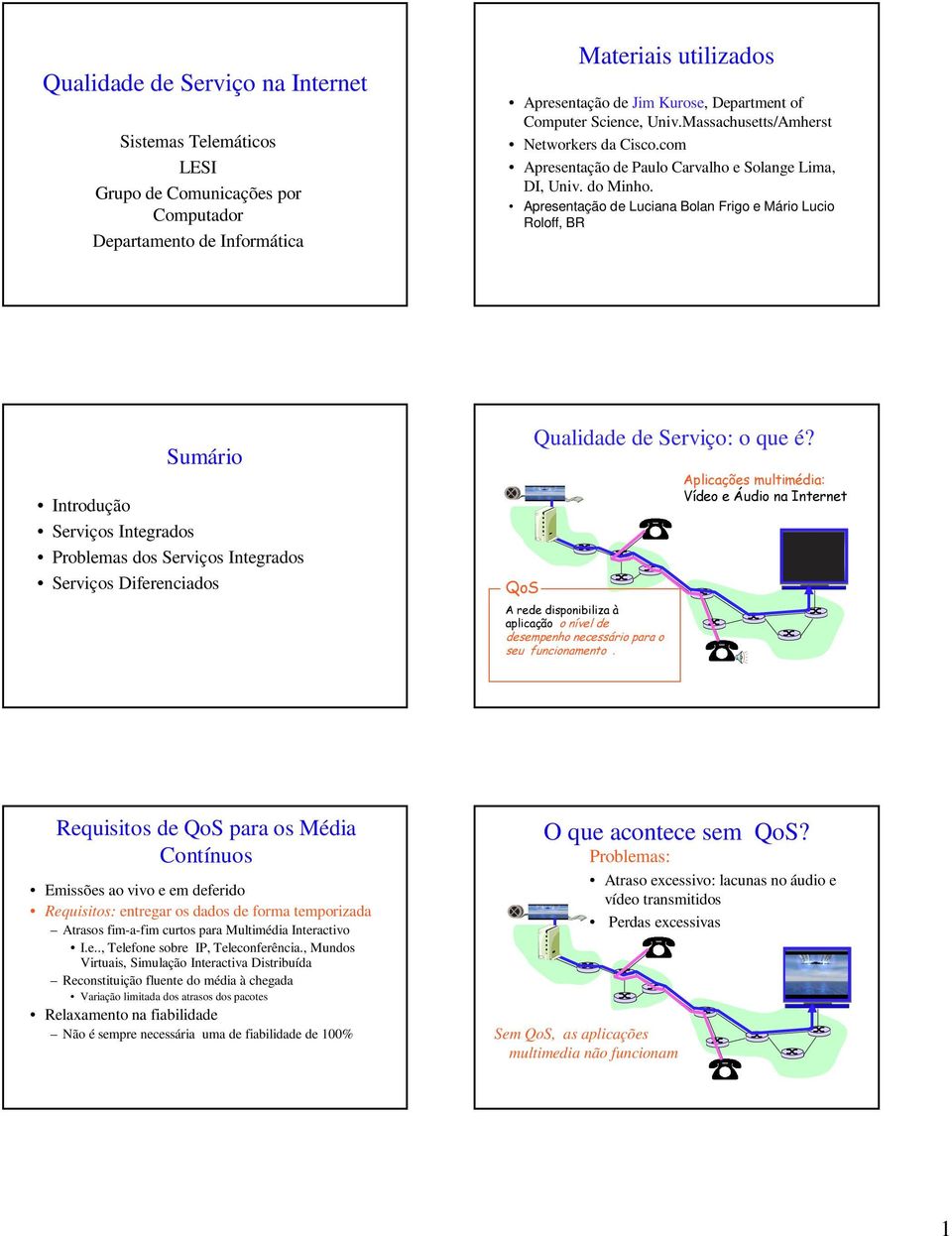 Apresentação de Luciana Bolan Frigo e Mário Lucio Roloff, BR Sumário Introdução Serviços Integrados Problemas dos Serviços Integrados Serviços Diferenciados " # Qualidade de Serviço: o que é?