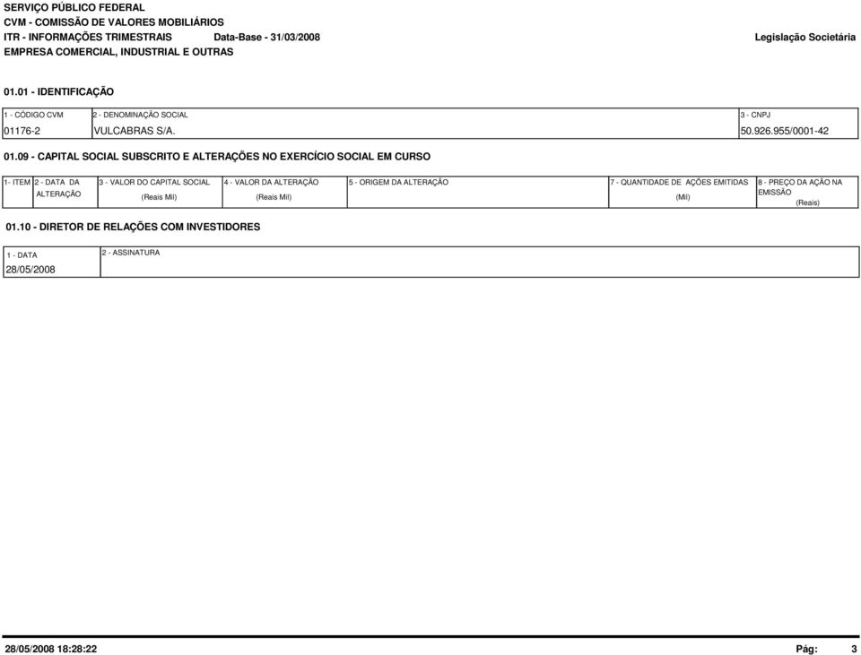 09 - CAPITAL SOCIAL SUBSCRITO E ALTERAÇÕES NO EXERCÍCIO SOCIAL EM CURSO 1- ITEM 2 - DATA DA ALTERAÇÃO 3 - VALOR DO CAPITAL SOCIAL (Reais Mil) 4 -