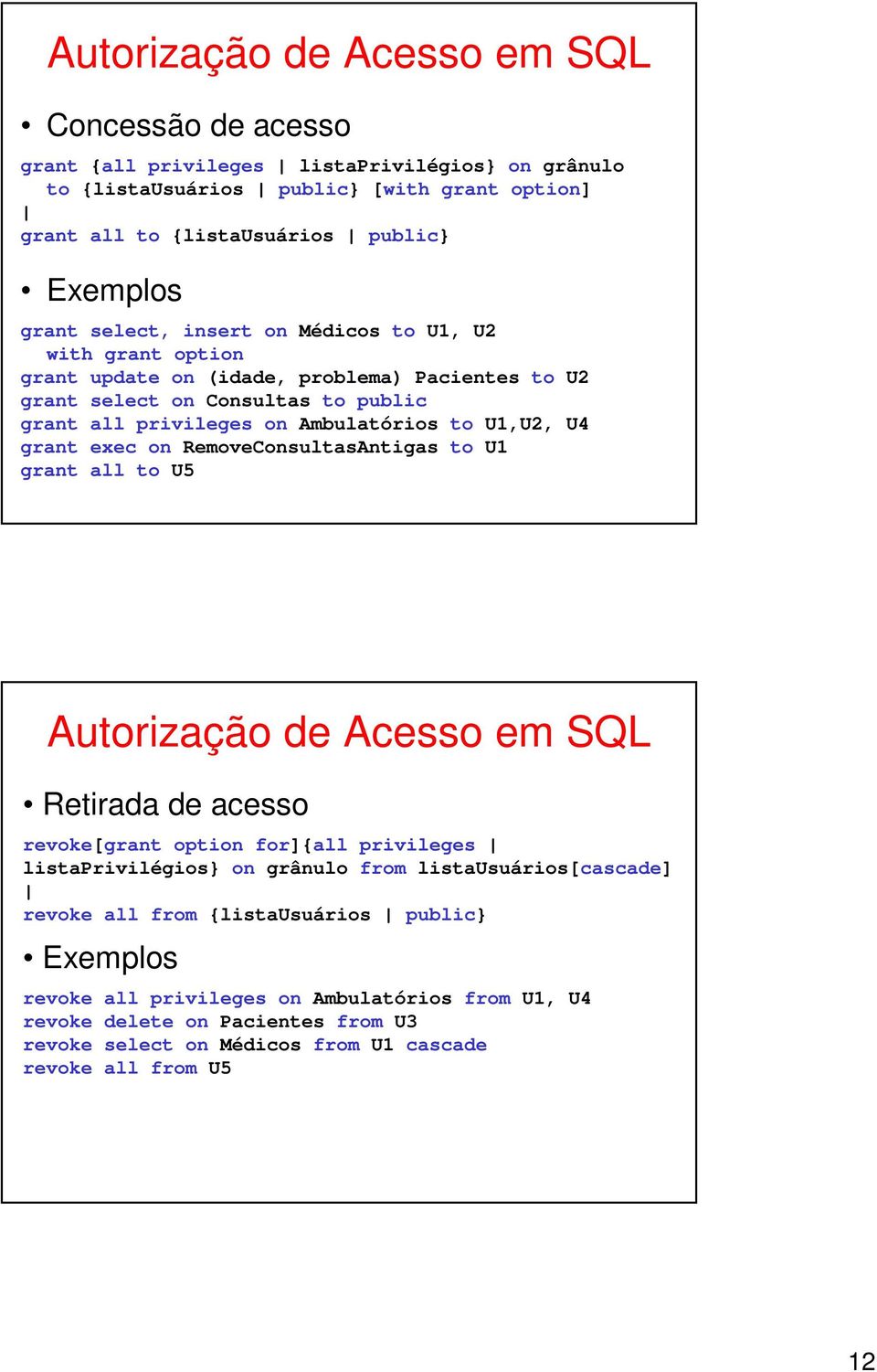 exec on RemoveConsultasAntigas to U1 grant all to U5 Autorização de Acesso em SQL Retirada de acesso revoke[grant option for]{all privileges listaprivilégios} on grânulo from