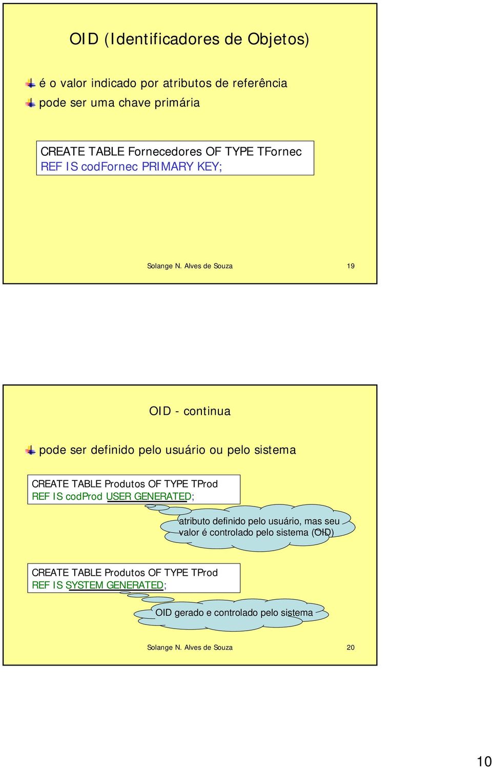 Alves de Souza 19 OID - continua pode ser definido pelo usuário ou pelo sistema CREATE TABLE Produtos OF TYPE TProd REF IS codprod USER