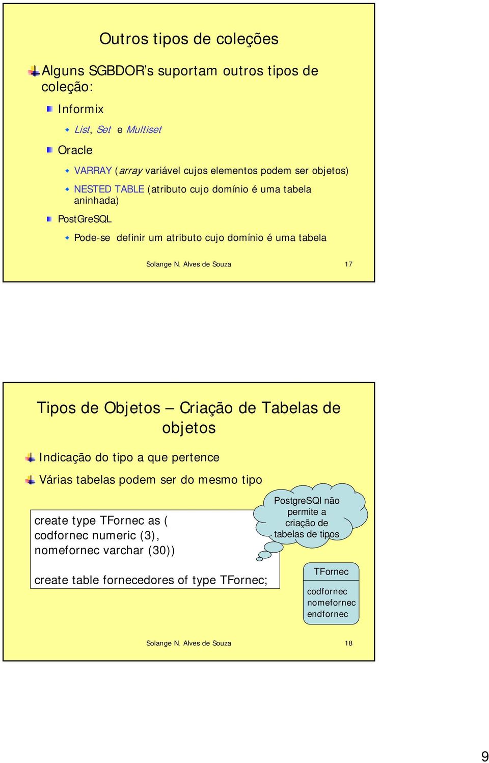 Alves de Souza 17 Tipos de Objetos Criação de Tabelas de objetos Indicação do tipo a que pertence Várias tabelas podem ser do mesmo tipo create type TFornec as (