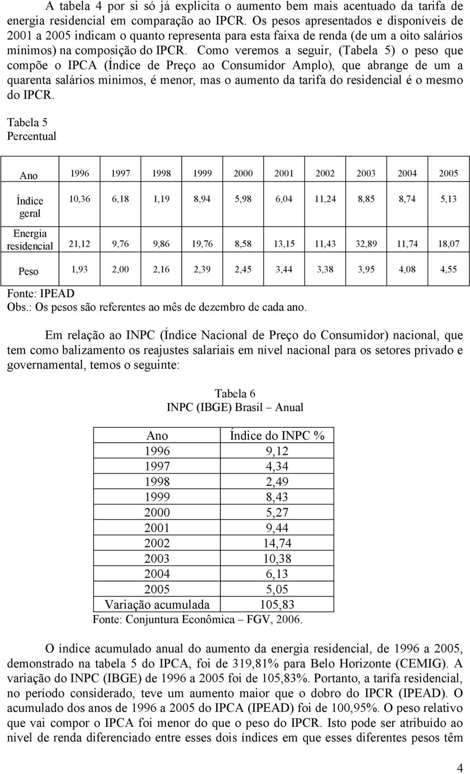 Como veremos a seguir, (Tabela 5) o peso que compõe o IPCA (Índice de Preço ao Consumidor Amplo), que abrange de um a quarenta salários mínimos, é menor, mas o aumento da tarifa do residencial é o