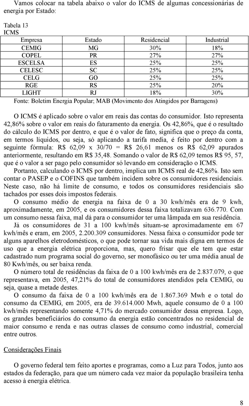 do consumidor. Isto representa 42,86% sobre o valor em reais do faturamento da energia.