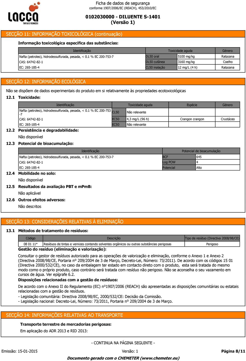 1 % EC 200 753 7 DL50 oral 5100 mg/kg Ratazana CAS: 64742 82 1 DL50 cutânea 3160 mg/kg Coelho EC: 265 185 4 CL50 inalação 12 mg/l (4 h) Ratazana SECÇÃO 12: INFORMAÇÃO ECOLÓGICA Não se dispõem de