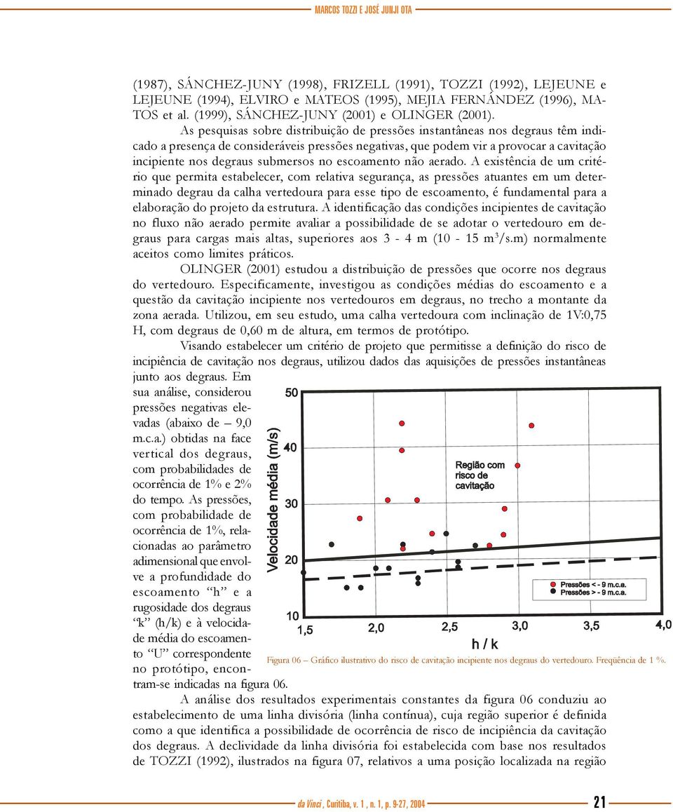 As pesquisas sobre distribuição de pressões instantâneas nos degraus têm indicado a presença de consideráveis pressões negativas, que podem vir a provocar a cavitação incipiente nos degraus submersos