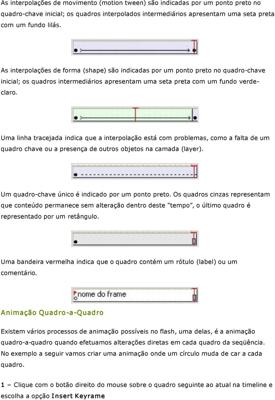 Uma linha tracejada indica que a interpolação está com problemas, como a falta de um quadro chave ou a presença de outros objetos na camada (layer).