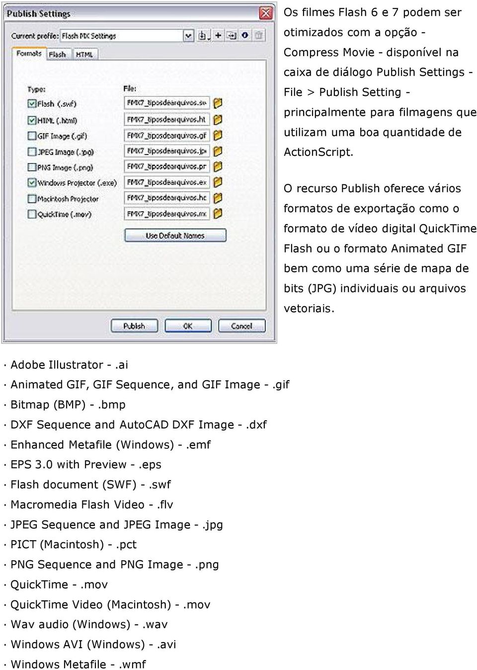 O recurso Publish oferece vários formatos de exportação como o formato de vídeo digital QuickTime Flash ou o formato Animated GIF bem como uma série de mapa de bits (JPG) individuais ou arquivos