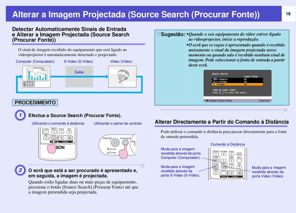 Computer (Computador) S-Video (S-Vídeo) Video (Vídeo) Saltar QSugestão: Quando o seu equipamento de vídeo estiver ligado ao videoprojector, inicie a reprodução.