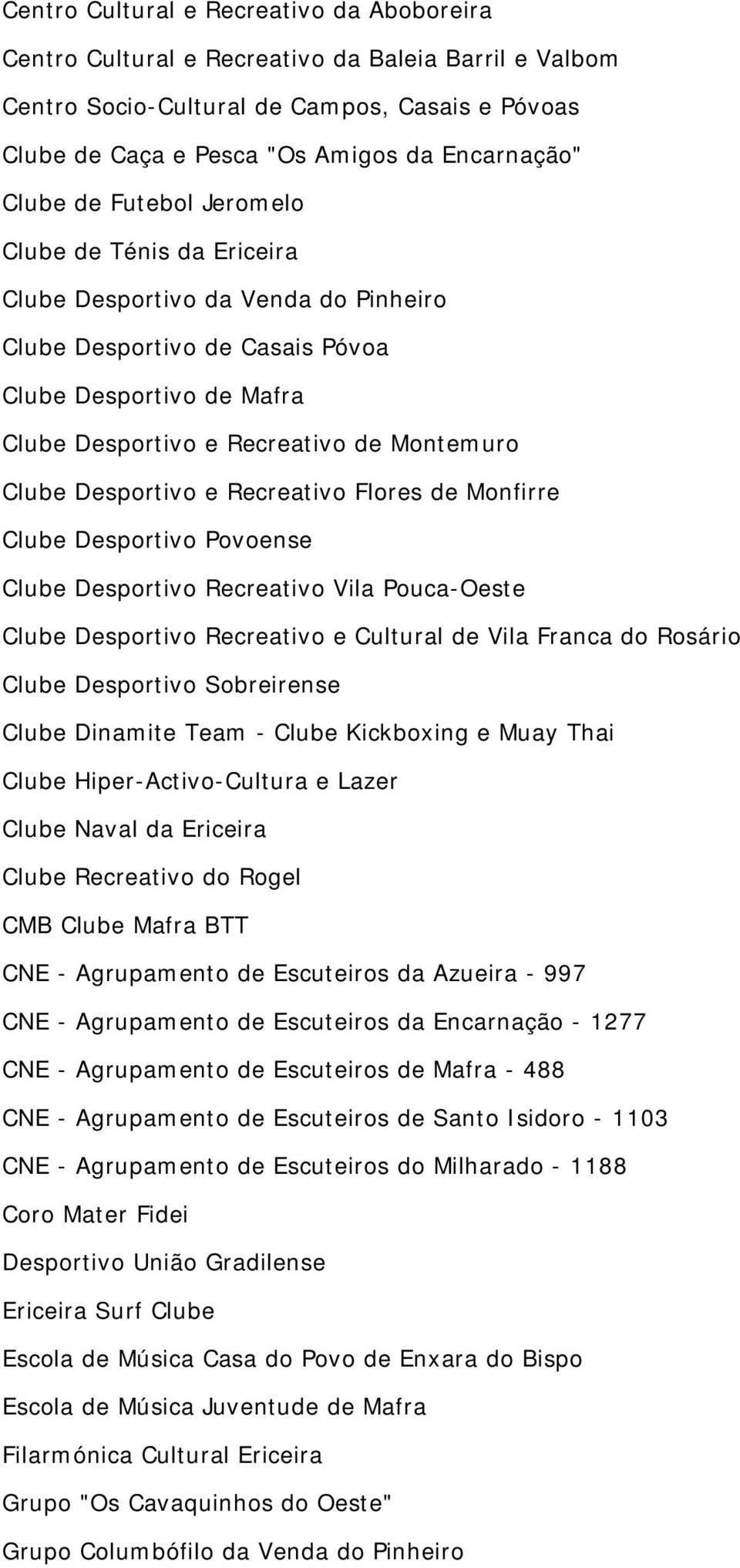 Desportivo e Recreativo Flores de Monfirre Clube Desportivo Povoense Clube Desportivo Recreativo Vila Pouca-Oeste Clube Desportivo Recreativo e Cultural de Vila Franca do Rosário Clube Desportivo