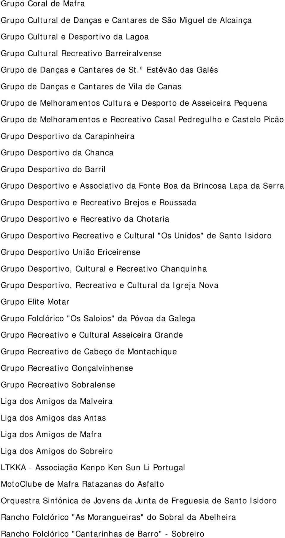 Grupo Desportivo da Carapinheira Grupo Desportivo da Chanca Grupo Desportivo do Barril Grupo Desportivo e Associativo da Fonte Boa da Brincosa Lapa da Serra Grupo Desportivo e Recreativo Brejos e