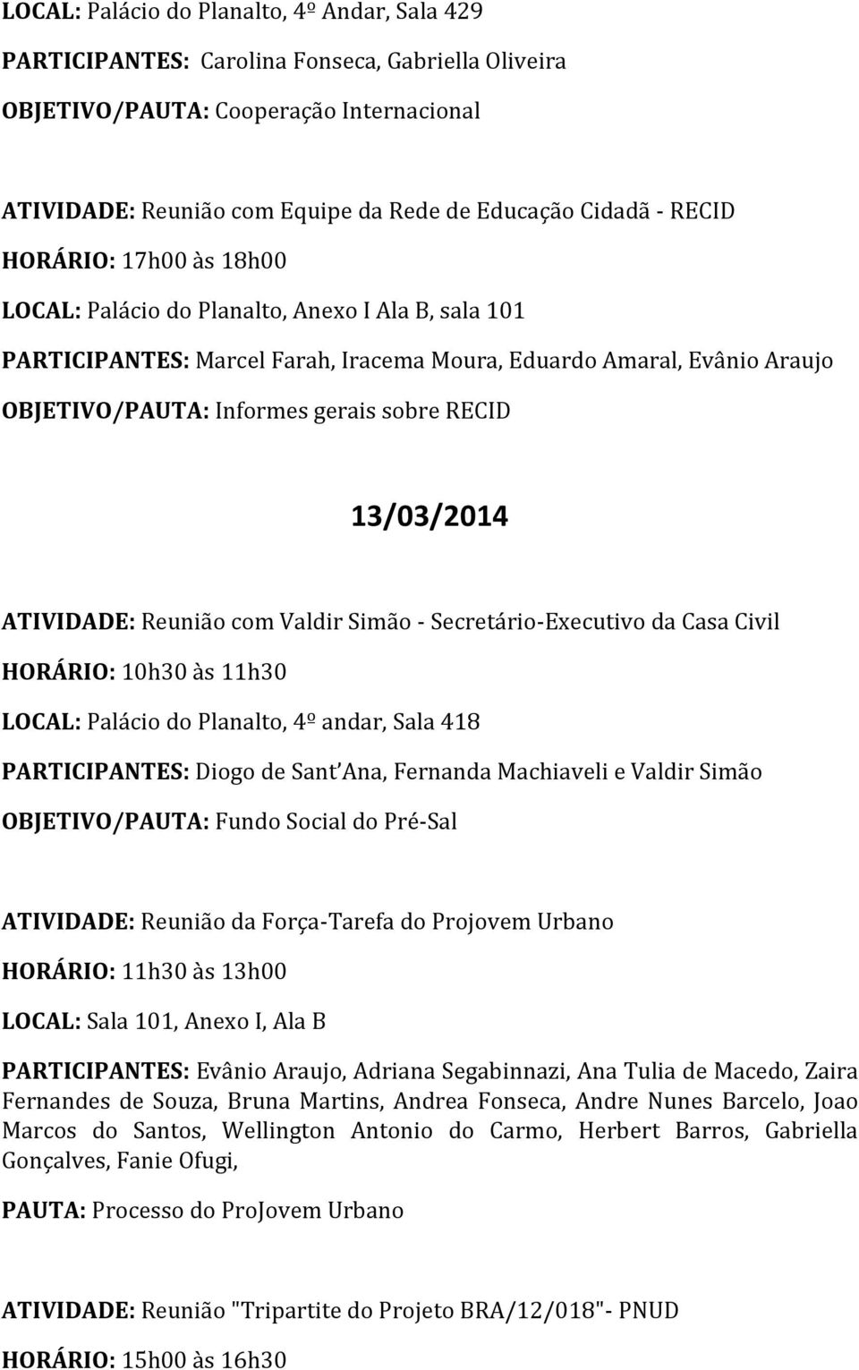 13/03/2014 ATIVIDADE: Reunião com Valdir Simão - Secretário-Executivo da Casa Civil HORÁRIO: 10h30 às 11h30 LOCAL: Palácio do Planalto, 4º andar, Sala 418 PARTICIPANTES: Diogo de Sant Ana, Fernanda