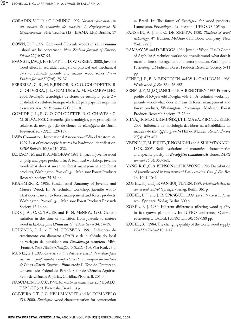 W. GREEN. 2000. Juvenile wood effect in red alder: analysis of physical and mechanical data to delineate juvenile and mature wood zones. Forest Product Journal 50(7/8): 75-87. FERREIRA, C. R., M. F. JUNIOR, R.