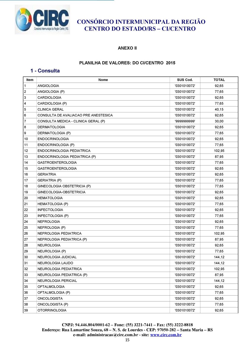 AVALIACAO PRE ANESTESICA '0301010072' 92,65 7 CONSULTA MEDICA - CLINICA GERAL (P) '9999999999' 30,00 8 DERMATOLOGIA '0301010072' 92,65 9 DERMATOLOGIA (P) '0301010072' 77,65 10 ENDOCRINOLOGIA