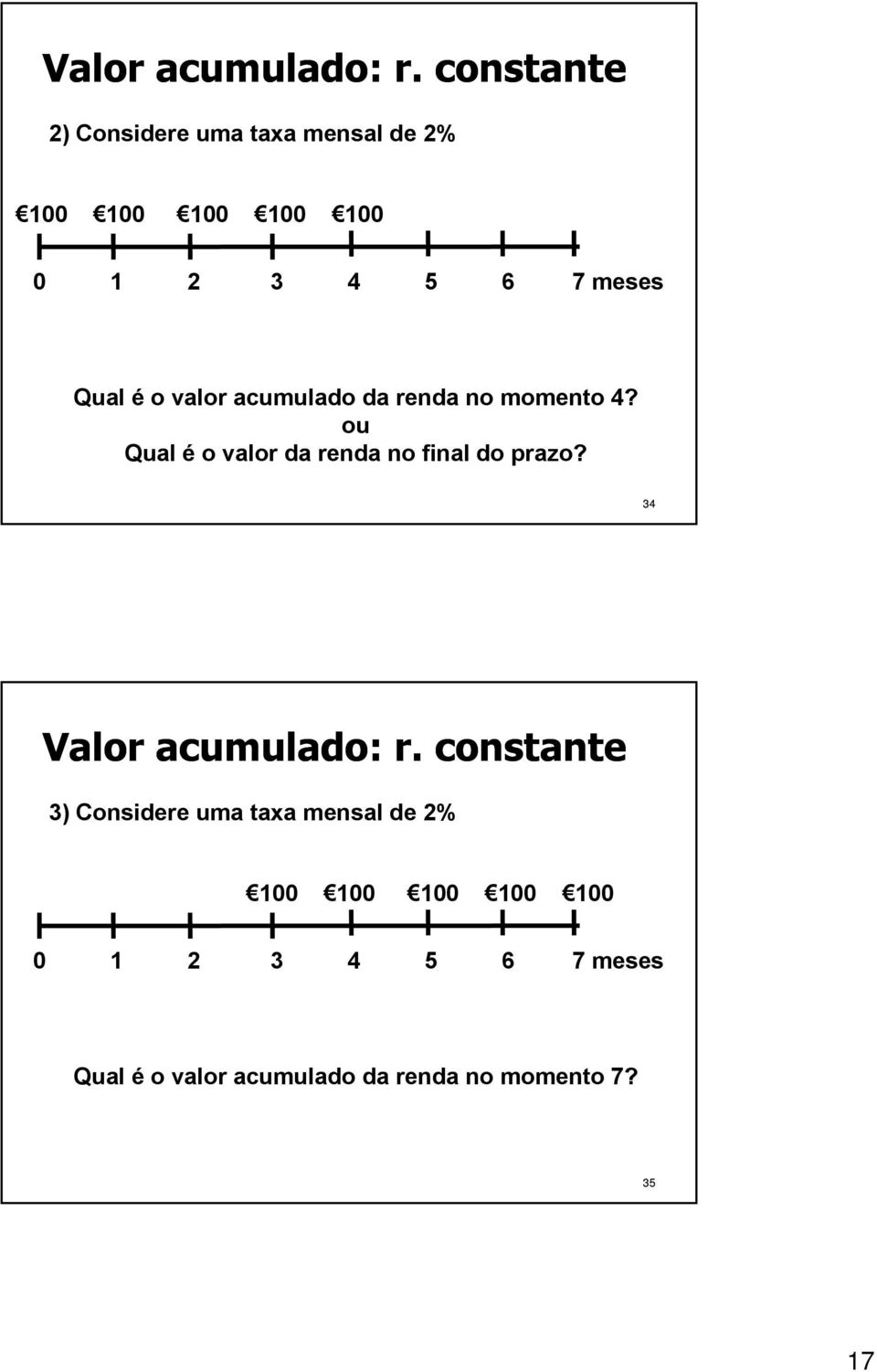 Qual é o valor acumulado da renda no momento 4? Qual é o valor da renda no final do prazo?