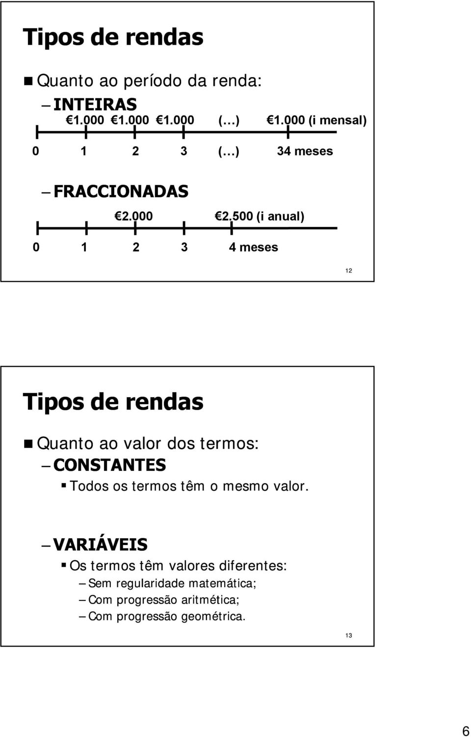 500 (i anual) 0 1 2 3 4 meses 12 Tipos de rendas Quanto ao valor dos termos: CONSTANTES Todos os