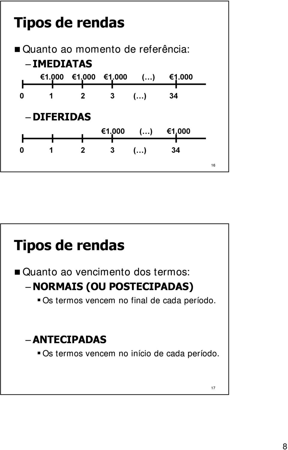 000 0 1 2 3 ( ) 34 16 Tipos de rendas Quanto ao vencimento dos termos: NORMAIS