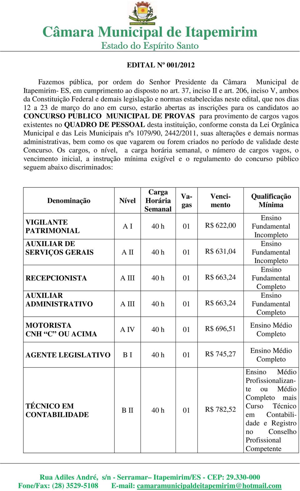 ao CONCURSO PUBLICO MUNICIPAL DE PROVAS para provimento de cargos vagos existentes no QUADRO DE PESSOAL desta instituição, conforme consta da Lei Orgânica Municipal e das Leis Municipais nºs 1079/90,