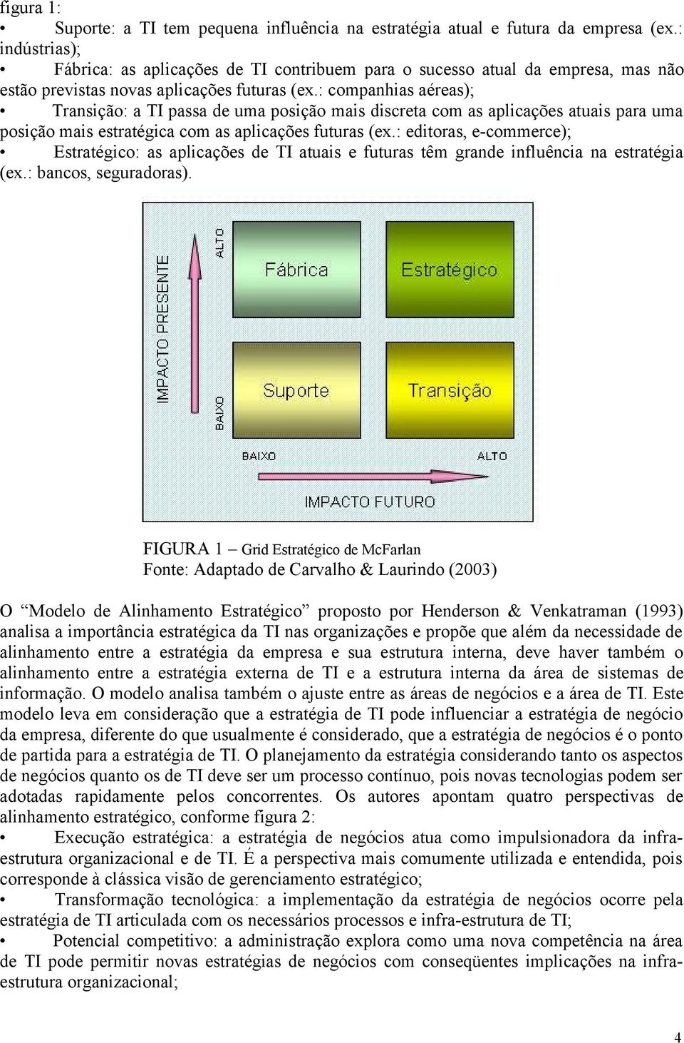 : companhias aéreas); Transição: a TI passa de uma posição mais discreta com as aplicações atuais para uma posição mais estratégica com as aplicações futuras (ex.