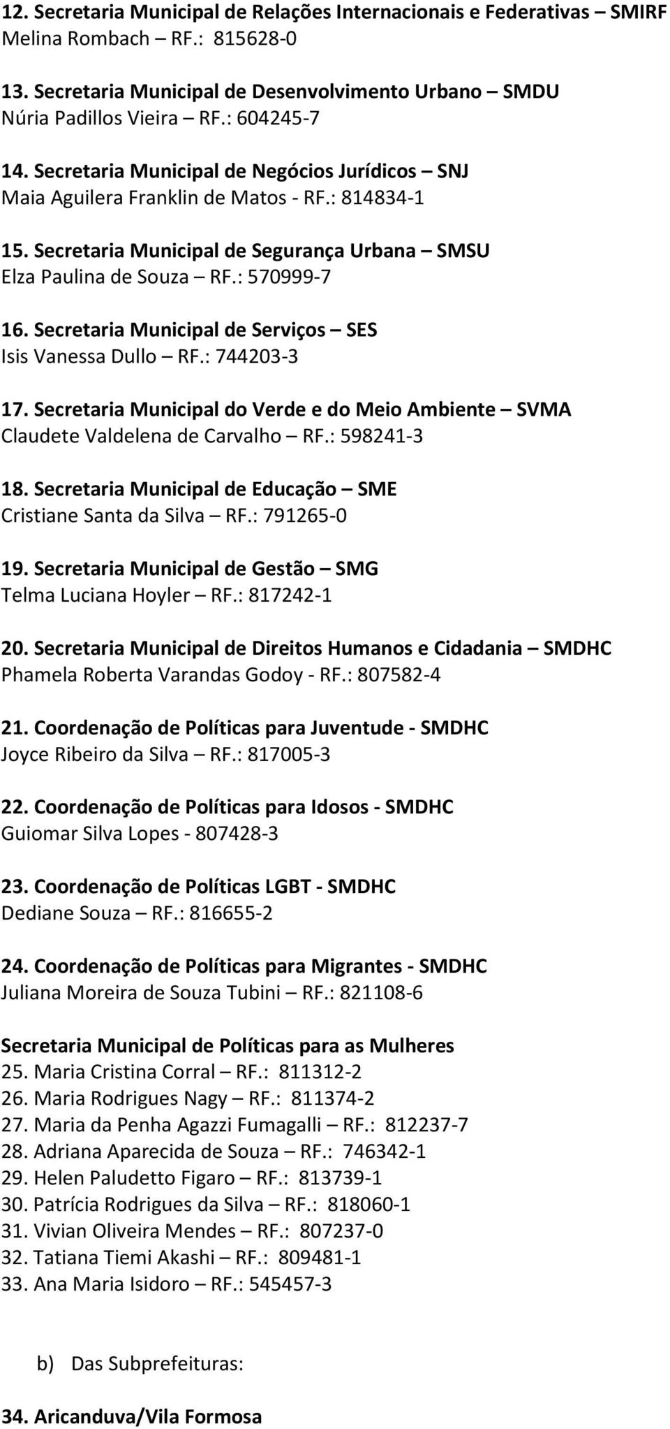 Secretaria Municipal de Serviços SES Isis Vanessa Dullo RF.: 744203-3 17. Secretaria Municipal do Verde e do Meio Ambiente SVMA Claudete Valdelena de Carvalho RF.: 598241-3 18.