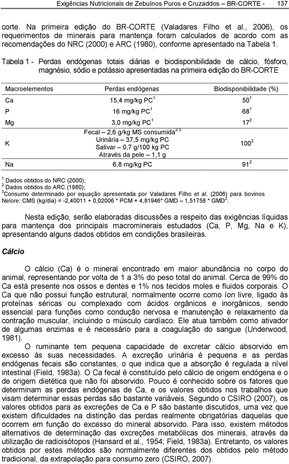 Tabela 1 - Perdas endógenas totais diárias e biodisponibilidade de cálcio, fósforo, magnésio, sódio e potássio apresentadas na primeira edição do BR-CORTE Macroelementos Perdas endógenas