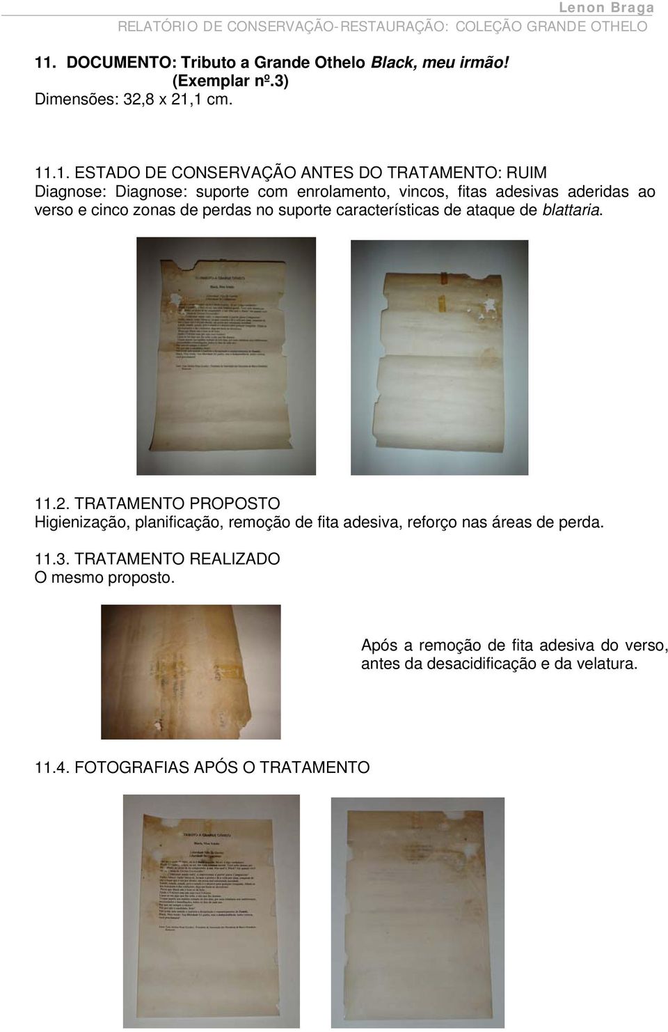 características de ataque de blattaria. 11.2. TRATAMENTO PROPOSTO Higienização, planificação, remoção de fita adesiva, reforço nas áreas de perda.