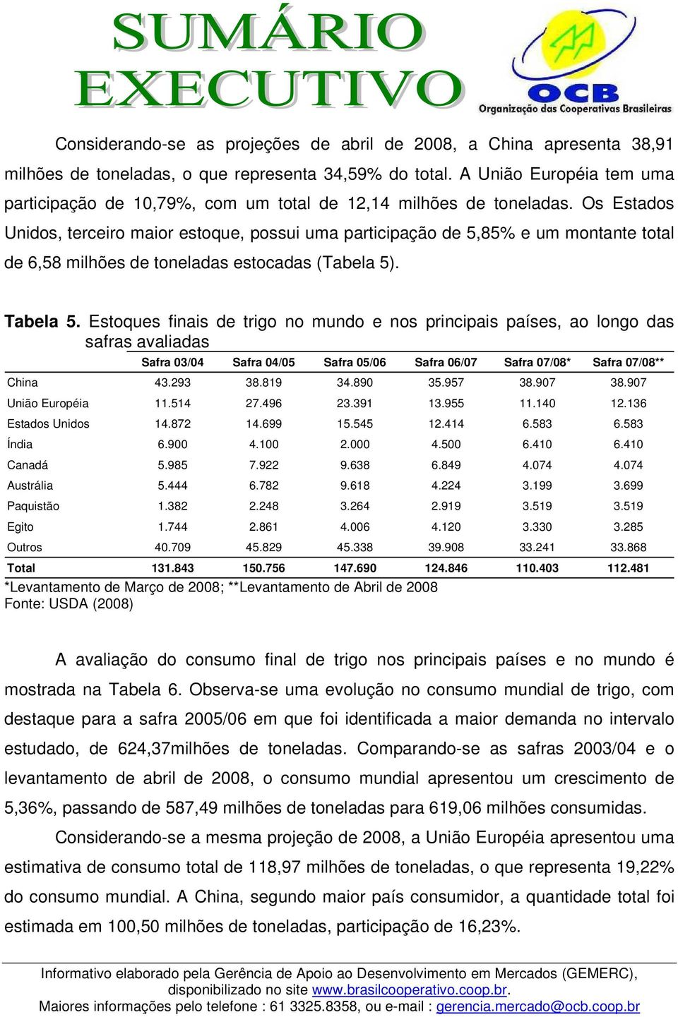 Os Estados Unidos, terceiro maior estoque, possui uma participação de 5,85% e um montante total de 6,58 milhões de toneladas estocadas (Tabela 5). Tabela 5.