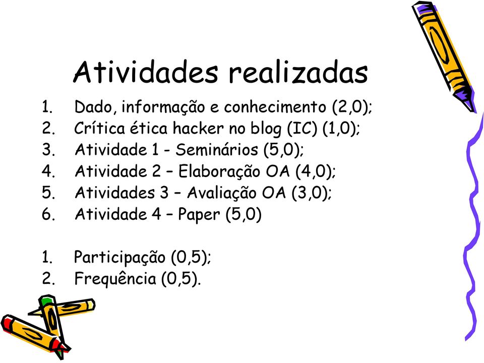 Atividade 1 - Seminários (5,0); 4. Atividade 2 Elaboração OA (4,0); 5.