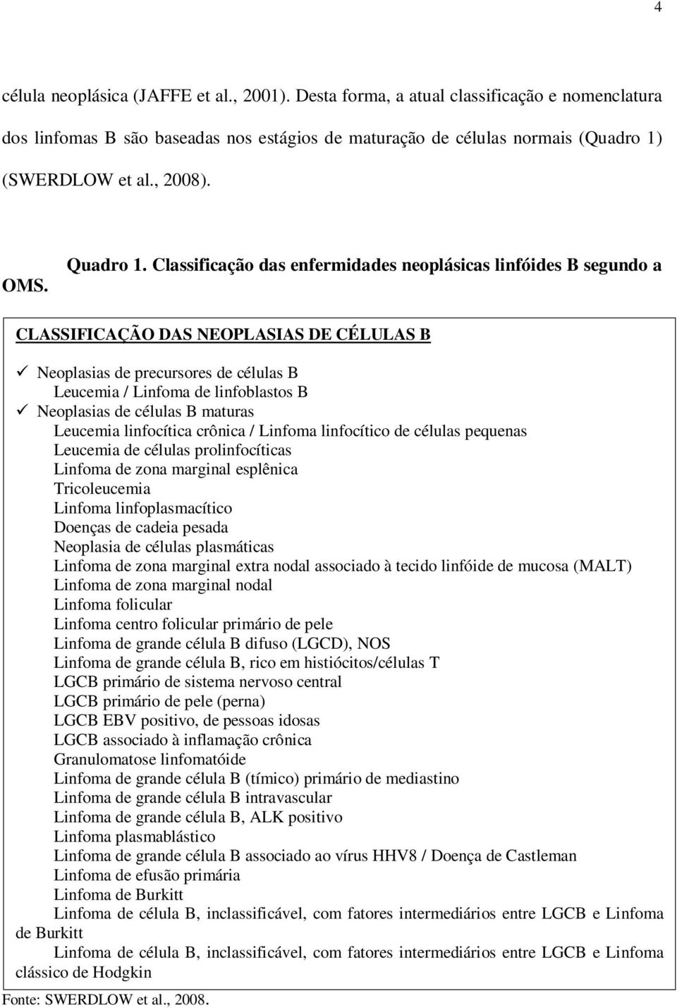 Classificação das enfermidades neoplásicas linfóides B segundo a CLASSIFICAÇÃO DAS NEOPLASIAS DE CÉLULAS B Neoplasias de precursores de células B Leucemia / Linfoma de linfoblastos B Neoplasias de