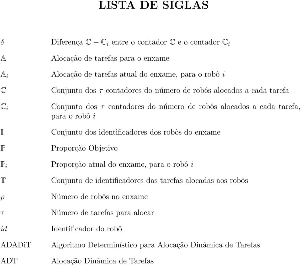 robô i Conjunto dos identificadores dos robôs do enxame Proporção Objetivo Proporção atual do enxame, para o robô i Conjunto de identificadores das tarefas alocadas aos