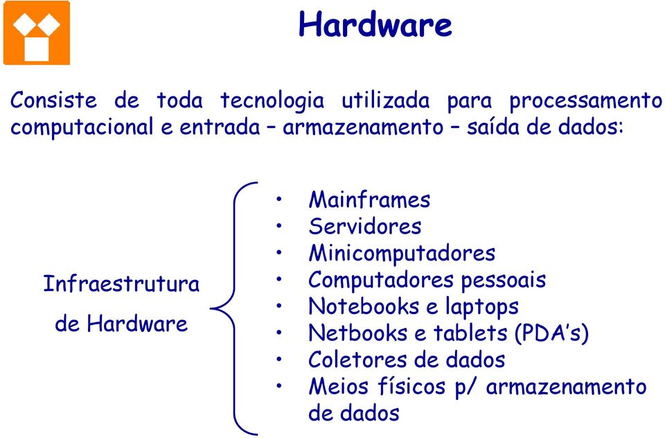 Hardware Mainframes Servidores Minicomputadores Computadores pessoais