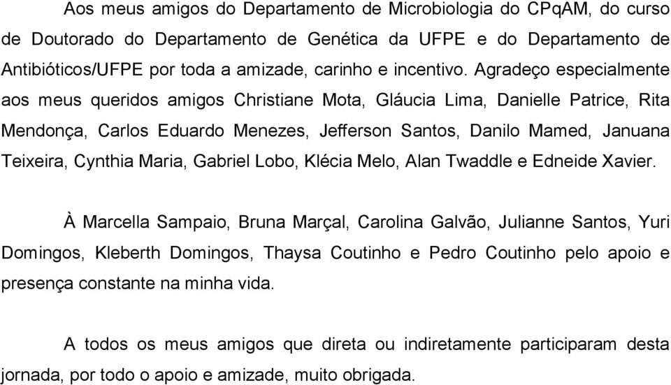 Agradeço especialmente aos meus queridos amigos Christiane Mota, Gláucia Lima, Danielle Patrice, Rita Mendonça, Carlos Eduardo Menezes, Jefferson Santos, Danilo Mamed, Januana Teixeira,