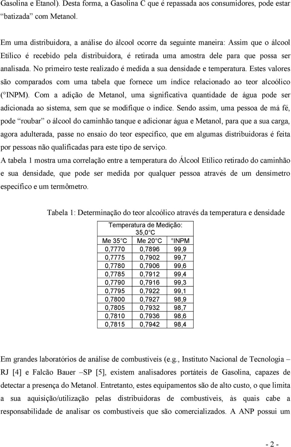 o primeiro teste realizado é medida a sua densidade e temperatura. Estes valores são comparados com uma tabela que fornece um índice relacionado ao teor alcoólico ( IPM).