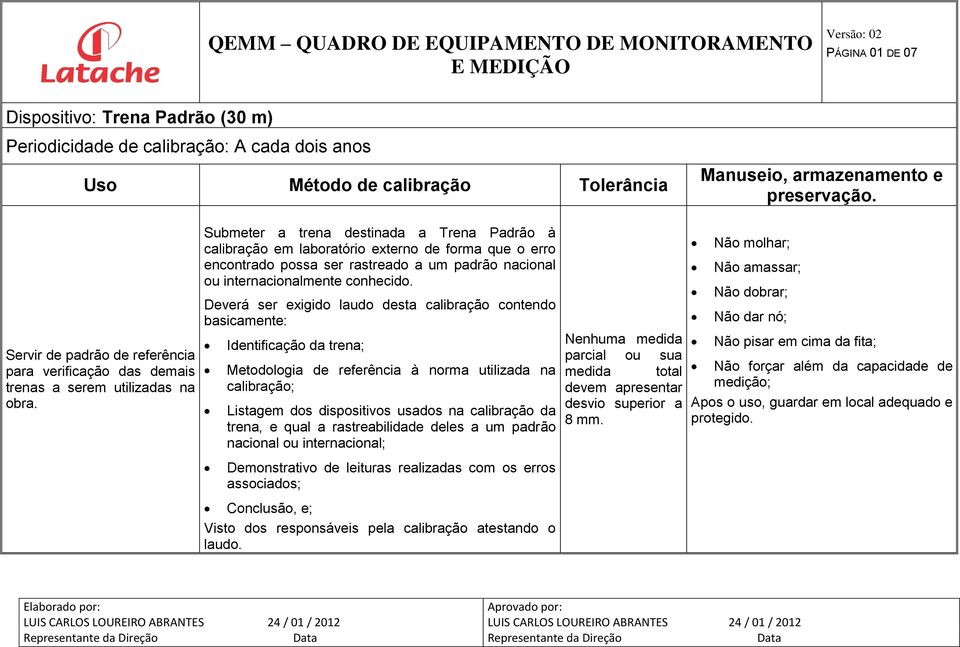 Submeter a trena destinada a Trena Padrão à calibração em laboratório externo de forma que o erro encontrado possa ser rastreado a um padrão nacional ou internacionalmente conhecido.