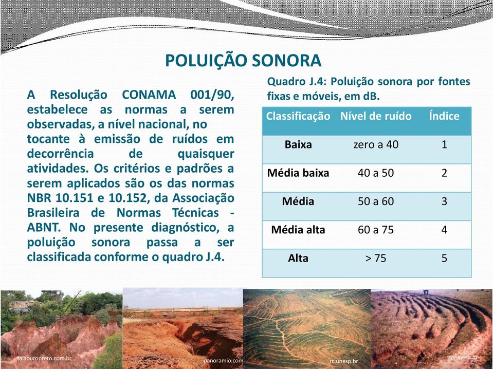 No presente diagnóstico, a poluição sonora passa a ser classificada conforme o quadro J.4. POLUIÇÃO SONORA Quadro J.