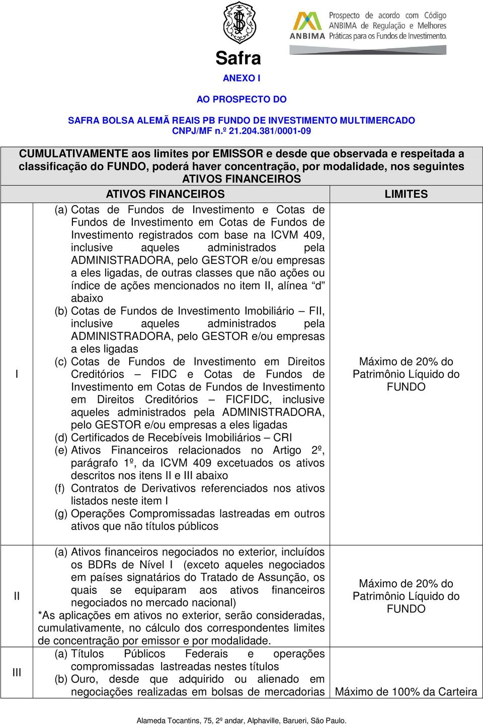 FINANCEIROS LIMITES I (a) Cotas de Fundos de Investimento e Cotas de Fundos de Investimento em Cotas de Fundos de Investimento registrados com base na ICVM 409, inclusive aqueles administrados pela