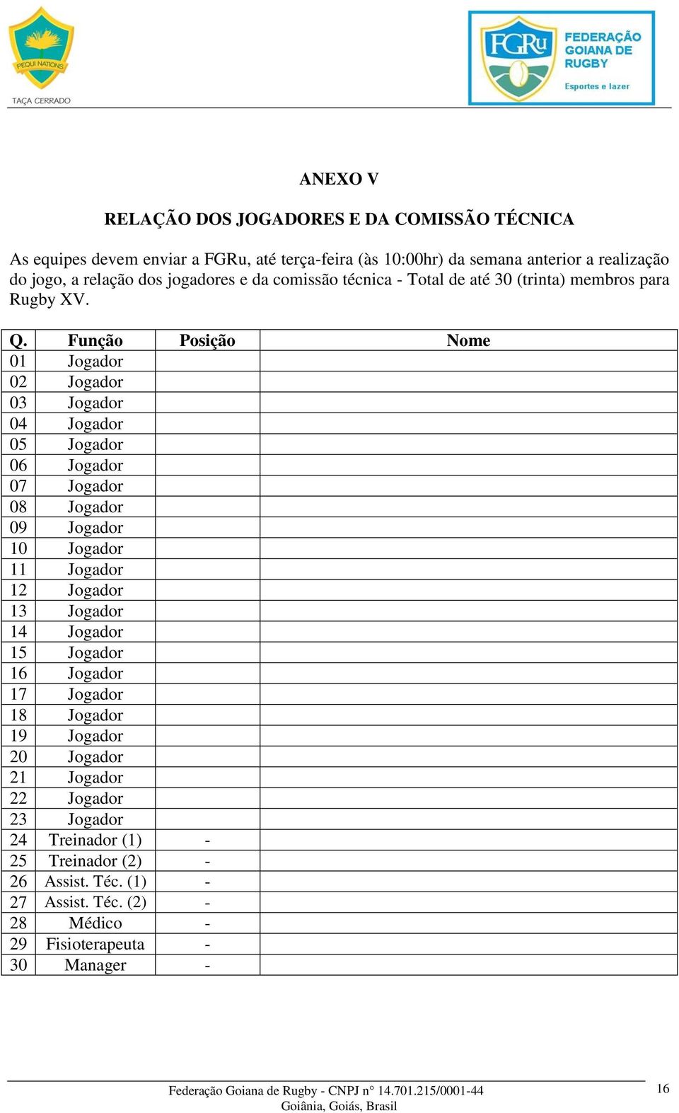 Função Posição Nome 01 Jogador 02 Jogador 03 Jogador 04 Jogador 05 Jogador 06 Jogador 07 Jogador 08 Jogador 09 Jogador 10 Jogador 11 Jogador 12 Jogador 13 Jogador