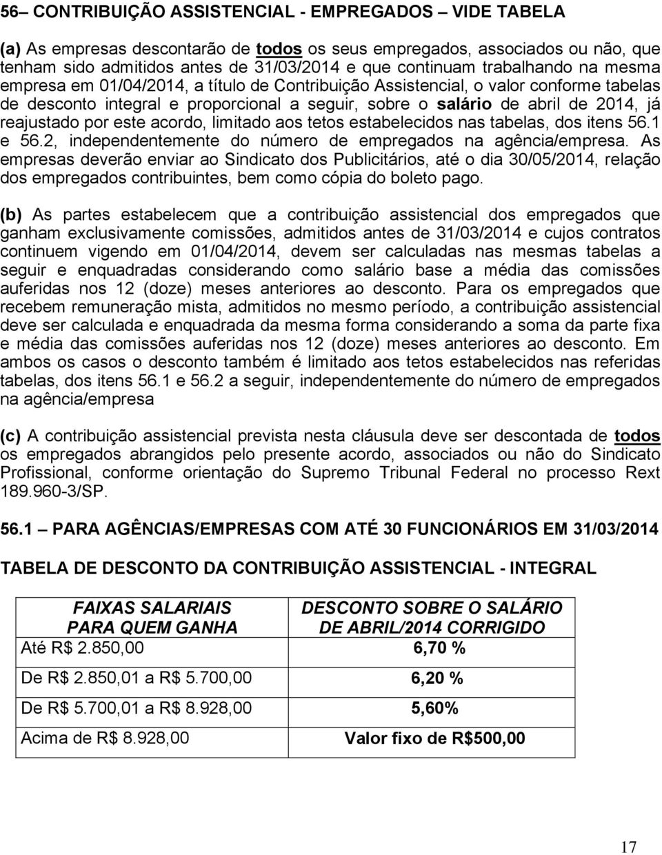 reajustado por este acordo, limitado aos tetos estabelecidos nas tabelas, dos itens 56.1 e 56.2, independentemente do número de empregados na agência/empresa.