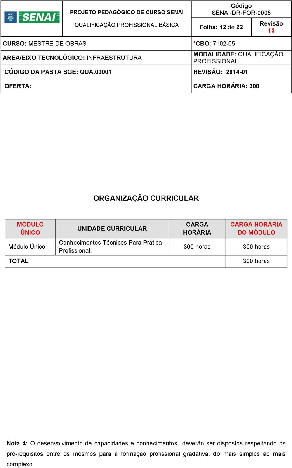 CARGA HORÁRIA CARGA HORÁRIA DO MÓDULO 300 horas 300 horas 300 horas Nota 4: O desenvolvimento de