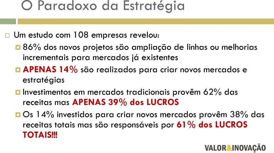 estratégias Investimentos em mercados tradicionais provêm 62% das receitas mas APENAS 39% dos LUCROS Os 14%