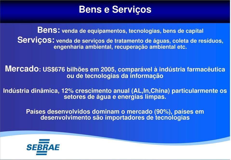 Mercado: US$676 bilhões em 2005, comparável à indústria farmacêutica ou de tecnologias da informação Indústria dinâmica, 12%