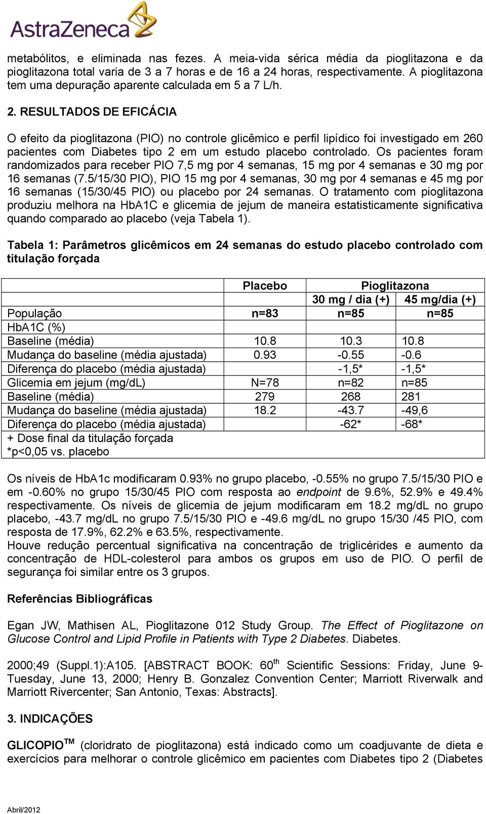 RESULTADOS DE EFICÁCIA O efeito da pioglitazona (PIO) no controle glicêmico e perfil lipídico foi investigado em 260 pacientes com Diabetes tipo 2 em um estudo placebo controlado.