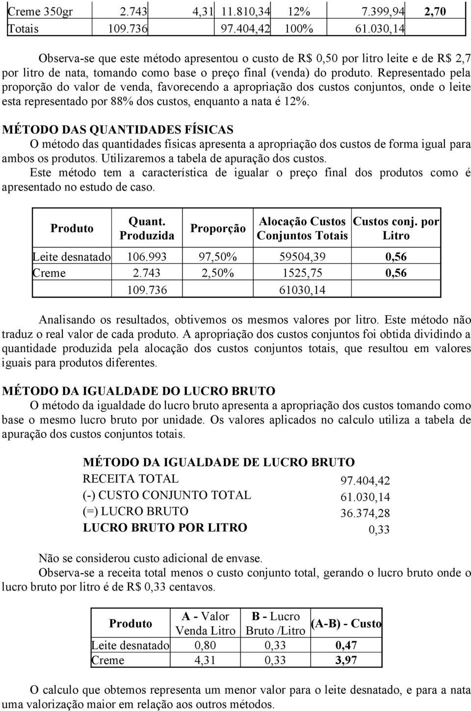 Representado pela proporção do valor de venda, favorecendo a apropriação dos custos conjuntos, onde o leite esta representado por 88% dos custos, enquanto a nata é 12%.